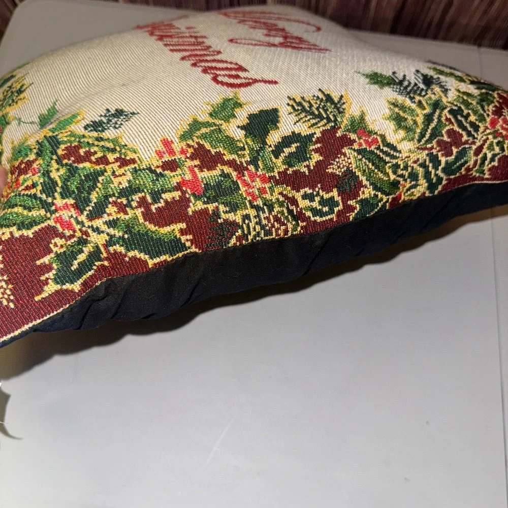 Park B. Smith Merry Christmas Tapestry Throw Pillow Holly Green Red 18x18 Woven